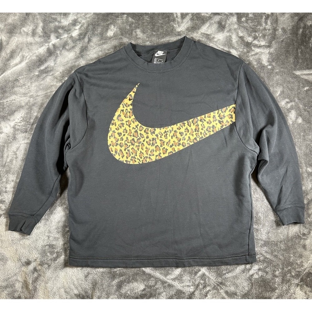 Nike Leopard Animal Print Sweatshirt Crewneck Big Swoosh Black MEDIUM